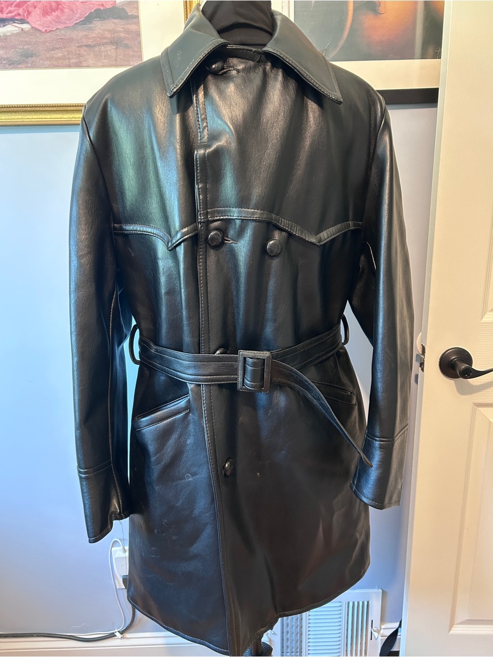 Men's Black Leather Trench Coat with Belt